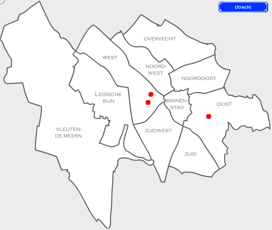 illustratie: kaart van Utrecht waarop de 3 buurten staan aangegeven die aan het project Straatgewijs hebben meegedaan.
